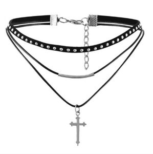 Velvet Collar Studded Cross Pendant Necklace Choker